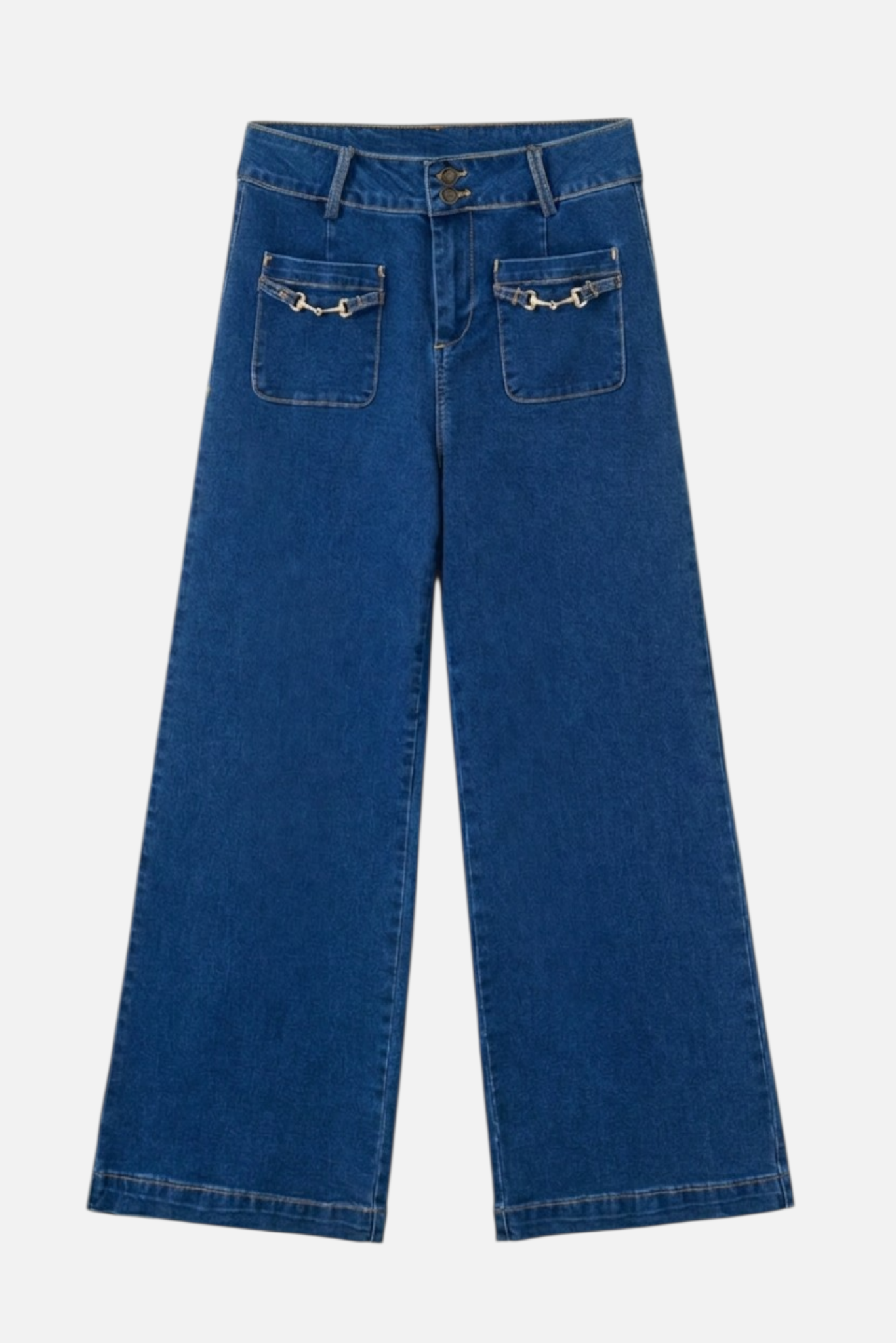The front view of high-waisted, wide-leg denim trousers hanging on a hanger, showcasing a clean, tailored finish and durable cotton-blend fabric.