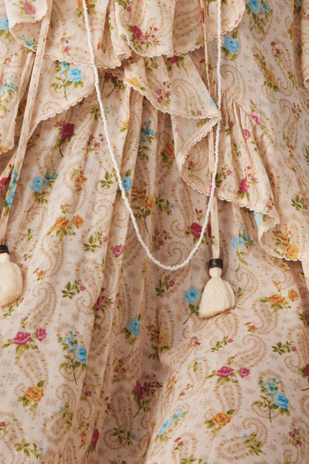 Women Boho Floral Ruffle Dress with Short Sleeves. Fabric view.