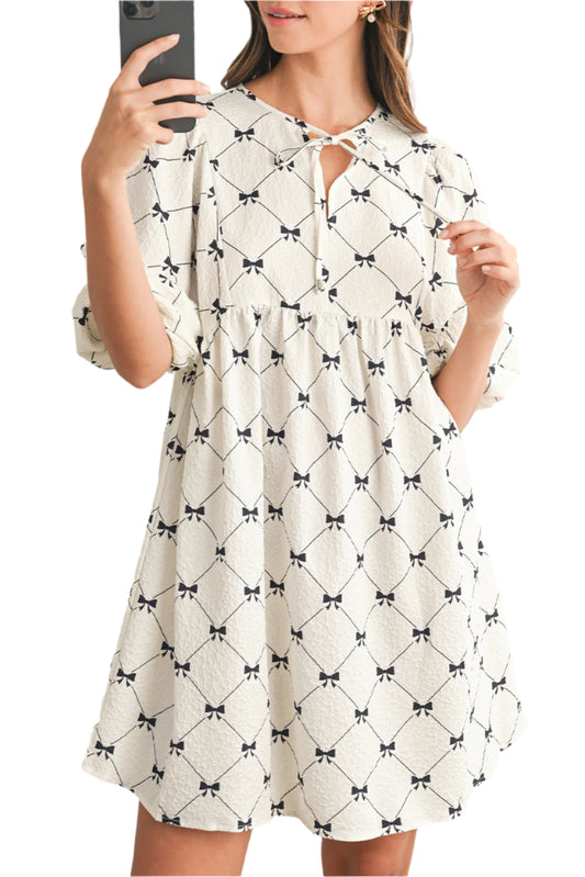 Womens White Bow Print Mini Dress - Catherine Martin