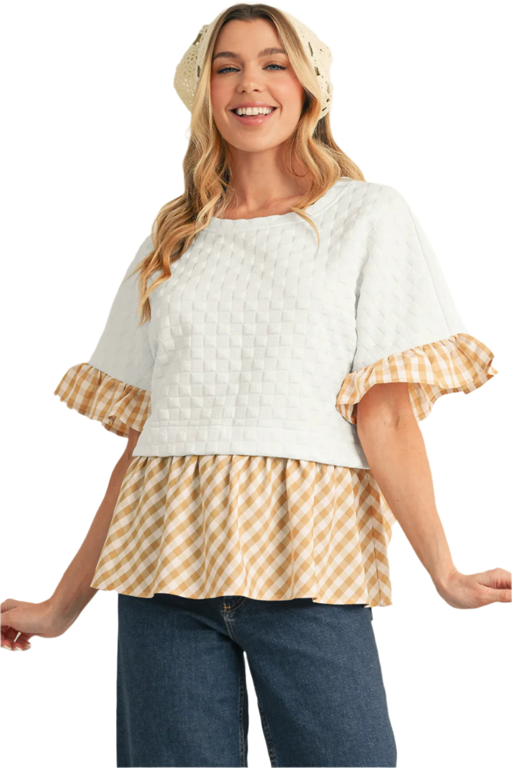 Stylish white and yellow patchwork blouse with sleeves.