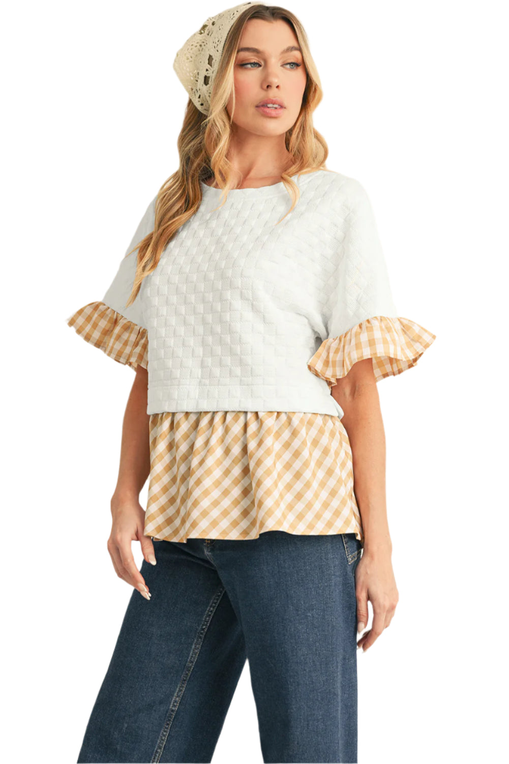 Cute white and yellow textured blouse with ruffled sleeves, perfect for casual outings.