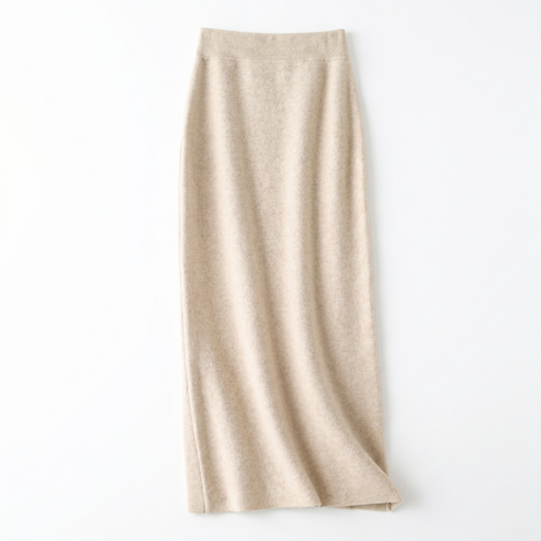 Front flat lay view of a soft beige high-waisted wool-blend knit midi skirt showing its soft texture.