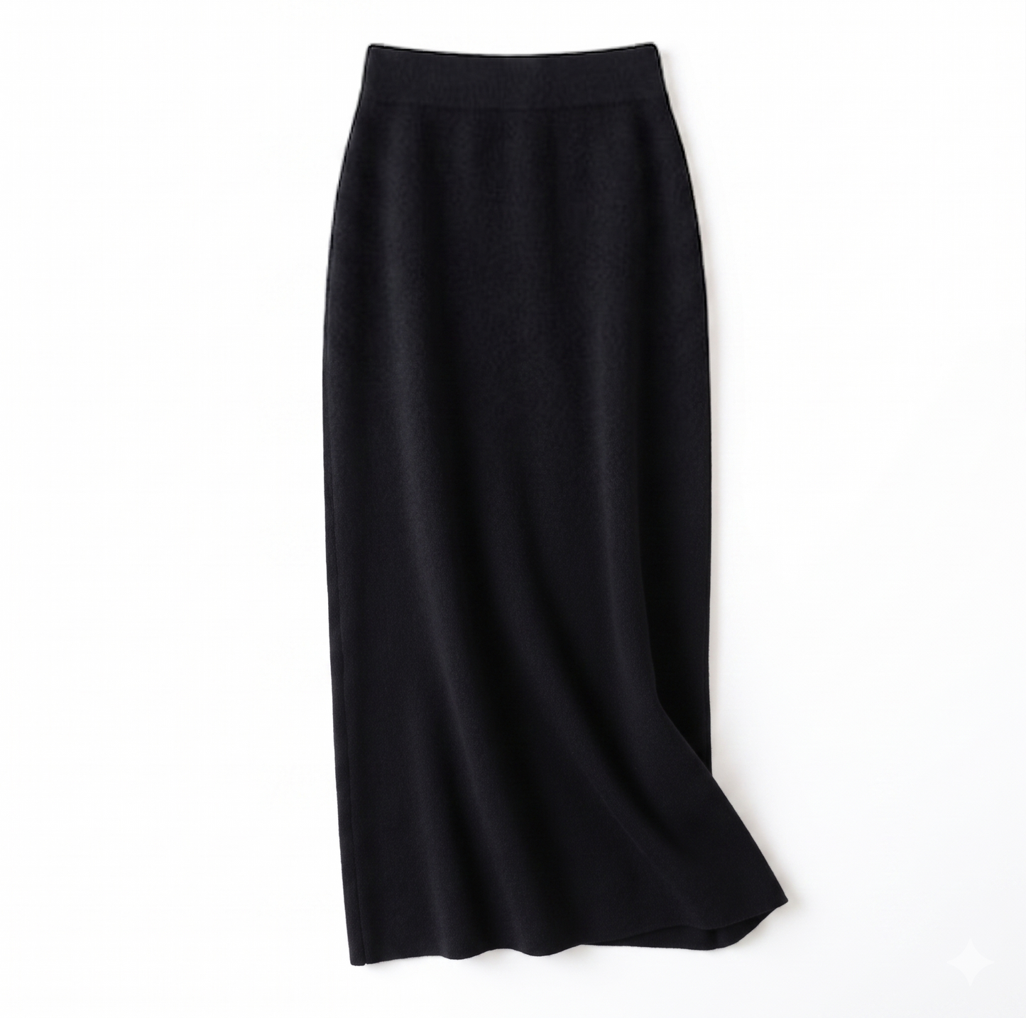 Front flat lay view of a premium black wool-blend knit midi skirt featuring a smooth elasticated waistband.