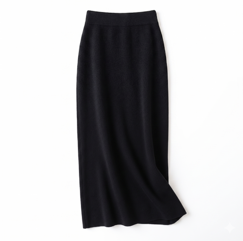 Front flat lay view of a premium black wool-blend knit midi skirt featuring a smooth elasticated waistband.
