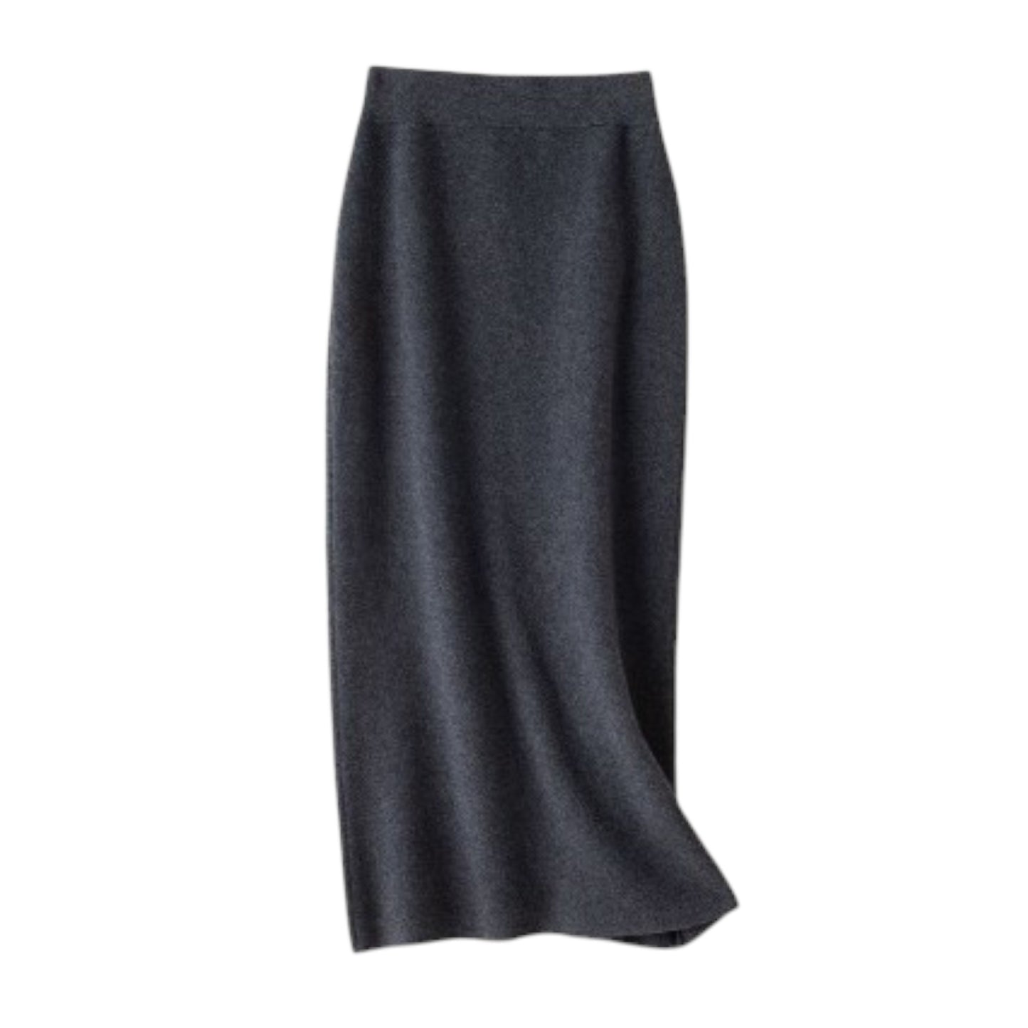 Front flat lay view of a charcoal grey straight-cut wool-blend knit skirt with a comfortable ribbed waist.