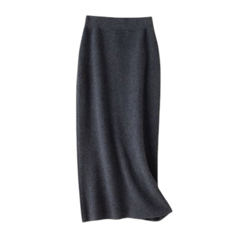 Front flat lay view of a charcoal grey straight-cut wool-blend knit skirt with a comfortable ribbed waist.
