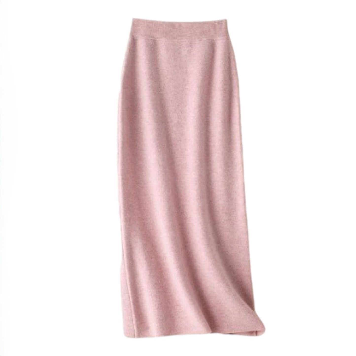 Front flat lay view of a soft rose pink high-waisted wool-blend knit midi skirt showing its soft texture.